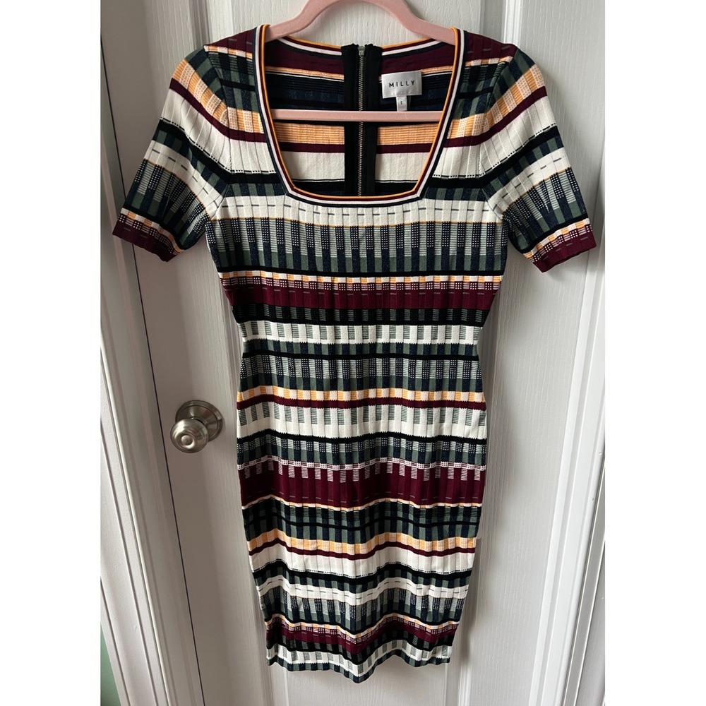 Milly Women Bodycon Sweater Dress Multi Square Neck Short Sleeve Zip Size S